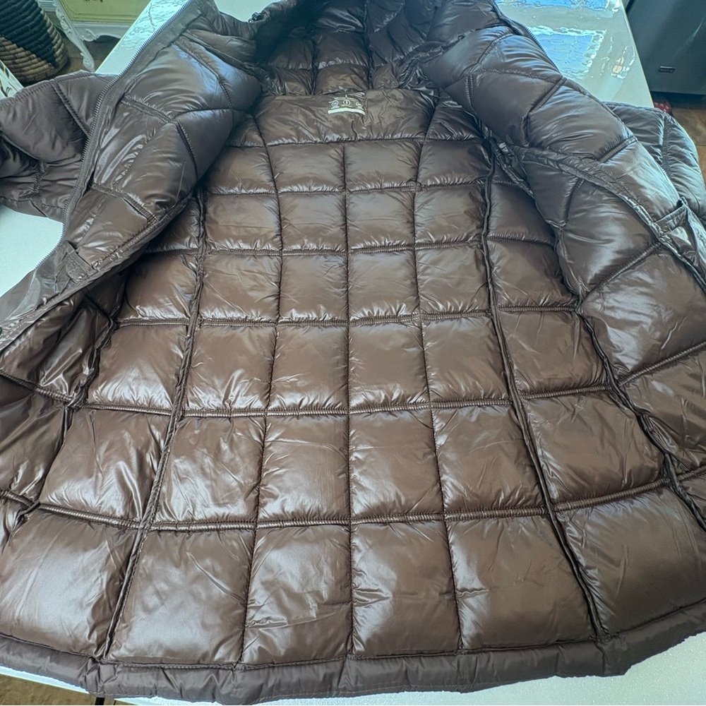 Hawks & Co Women’s Fit Puffer Coat Chocolate Brown Zip Hood Long - Picture 10 of 16